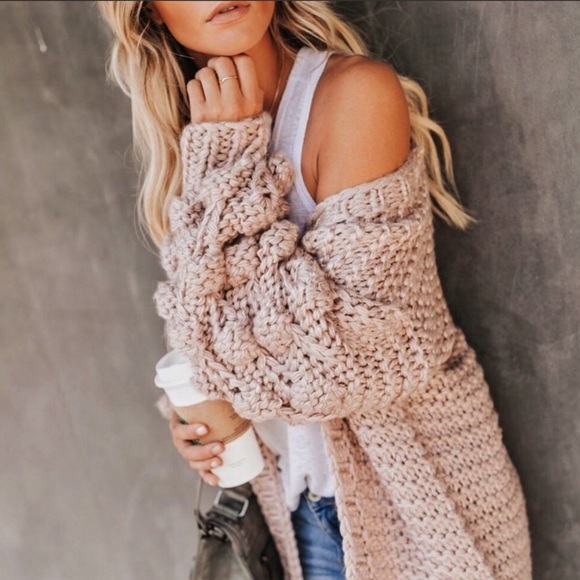 Honeycomb Sleeve Fuzzy Cardigan Knit Sweater Taupe - Picture 3 of 7